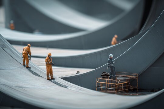 Workers in safety gear are putting together pieces of a massive wind turbine structure, preparing for renewable energy production Generative AI