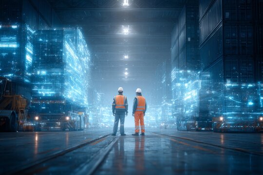 Two workers wearing hard hats view holographic displays showing data for shipping containers in a large, futuristic warehouse at night Generative AI