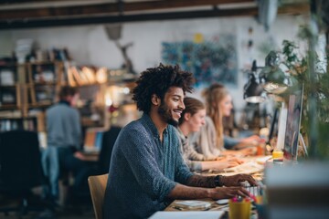 During daytime, professionals work at their computers inside of a trendy office loft. The main focus is on a smiling man working at his desk Generative AI