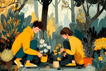 Two people are planting flowers in a flowerbed at Central Park. They are surrounded by many green leafy plants and various colorful flowers Generative AI