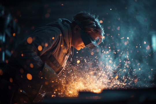 In a dark workshop, a Welder is bending over metal, welding it together. Sparks are flying everywhere as they work on a new project Generative AI