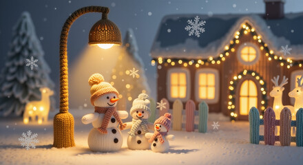 Snowman family standing under streetlight in winter scene for Christmas  