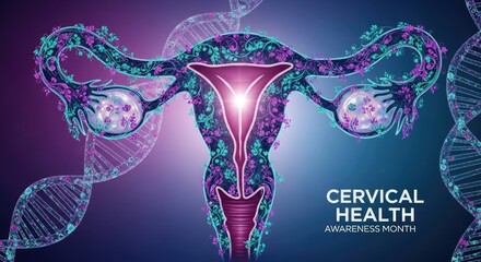 Vibrant female uterus with ovaries and fallopian tubes, adorned by glowing flowers. DNA helix strands promote cervical health awareness, encouraging women's wellness prevention.