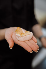 Implant surgical guide on dental model in clinician hand, clinic closeup