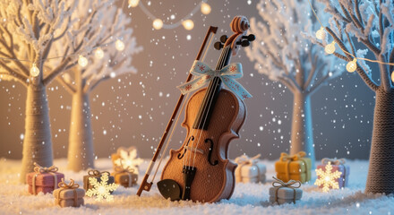 Violin with pastel holiday ribbon among gifts and snowy trees in winter  
