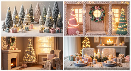 Cozy Christmas decorations with trees, gifts, and warm lights  