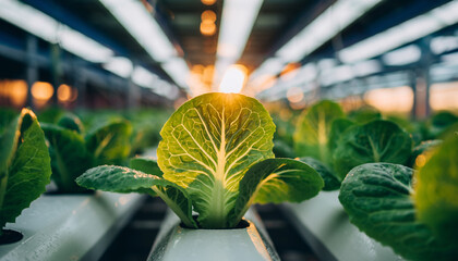 Bright Light Lettuce Leaf Growing in Hydroponic Indoor Farming System