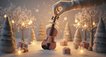Hand placing decorated violin among Christmas gifts and snowy trees - Concept of Christmas and New Year - Holiday Decorations  