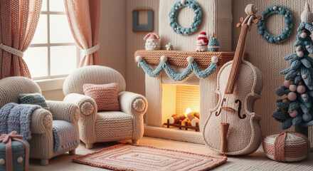 Cozy living room with knitted decorations and cello by the fireplace - Concept of Christmas and New Year - Holiday Decorations  