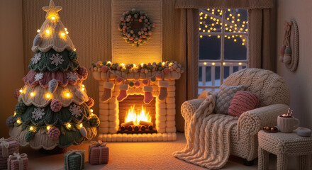 Cozy living room decorated with yarn for Christmas and New Year - Holiday Decorations  