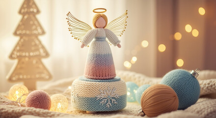 Angel decoration on a table with Christmas ornaments and lights  