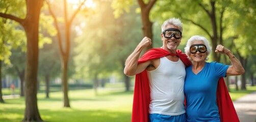 Aged couple poses in summer park wearing capes. Seniors smile flexing biceps like superhero. Old woman and man enjoy healthy lifestyle together. Active retirees embrace fitness in costume.