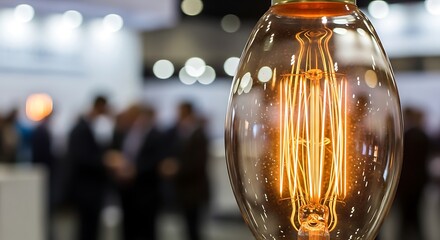 Closeup of a vintage edison light bulb with glowing filament, highlighting retro design