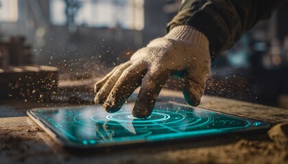 A worker's gloved hand activates a futuristic, glowing interface on a digital tablet in a dusty workshop.