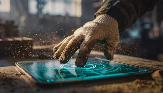A worker's gloved hand activates a futuristic, glowing interface on a digital tablet in a dusty workshop.