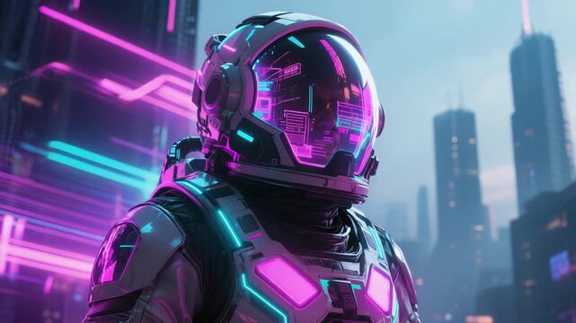 Hightech defender monitors shimmering skyline amidst rainy streets