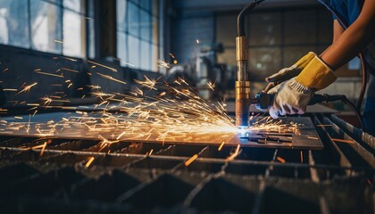 A worker in protective gloves uses a plasma cutter to cut a metal sheet, creating a shower of sparks in a factory.