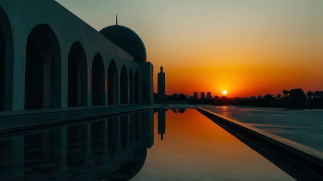 Evening view of the Sultan Ahmed Mosque in Istanbul, Turkey with a reflection on pool water.