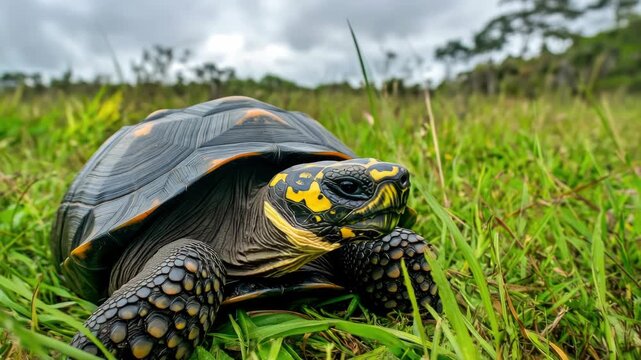 Tortoise walking in grassy field. Animal is protected by thick shell and has a yellow head.