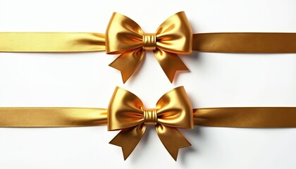 Fototapeta premium Two golden ribbons on white backdrop. Shiny bows for xmas design. Festive elements perfect for greeting cards. Ribbons add elegance to decoration. Stylish and luxurious look, best for awards.