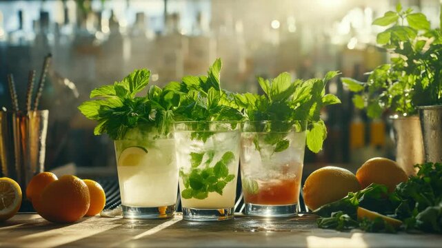 A row of freshly made cocktails on a bar counter, garnished with mint leaves.
