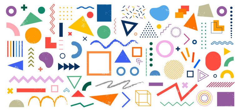 Colored crayon drawn funky style geometric shapes