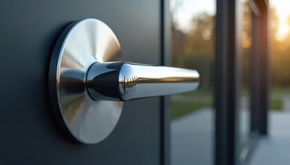 Shiny chrome door handle on modern dark exterior door. Sleek metal hardware for building entrance. Golden hour light reflects on new stylish design. Residential home security feature, contemporary