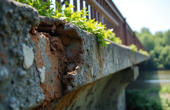 Close-up shows old concrete bridge damage. Rusted steel rebar exposed, cement crumbles, falls apart. Green plants grow on structure. Bridge crosses water. Forest, trees in distance. Highlights