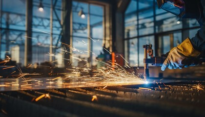 A welder in protective gear meticulously cuts metal with a plasma torch, creating a shower of bright sparks in a dimly lit industrial workshop.