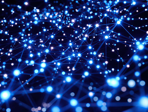 Abstract network of glowing blue light particles and interconnected data points - Powered by Adobe