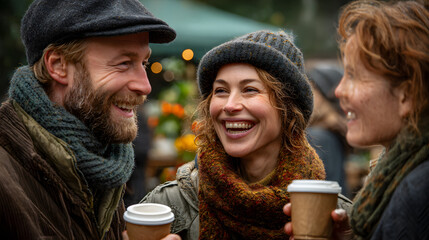 Joyful outdoor winter gathering with warm drinks and smiling faces 