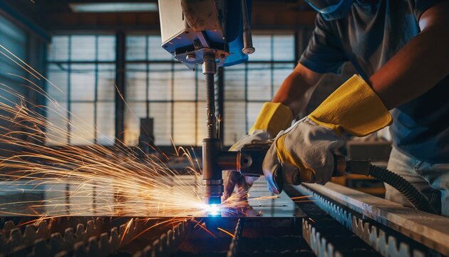 A skilled worker in protective gear uses a plasma cutter to precisely shape metal, creating a shower of bright sparks in a dimly lit industrial workshop.