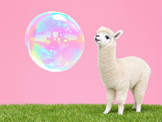 Obraz premium White baby alpaca looking curiously at a large, colorful bubble on a vibrant pink background