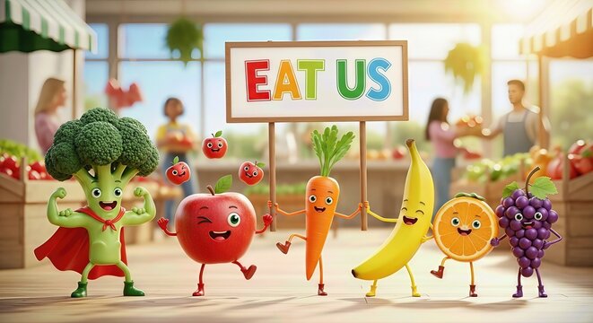 Joyful fruits and vegetables, a superhero broccoli, and dancing apple with a sign 'Eat Us' promote a healthy lifestyle and organic nutrition at a vibrant market. - Powered by Adobe