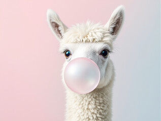 Obraz premium Adorable white alpaca blowing a pink bubblegum bubble against a pastel gradient background