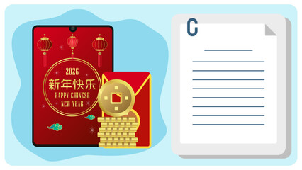 2026 Chinese New Year, Gold Asian Ornament. Happy New Year 2026 With Chinese Lantern Ornaments, Chinese Coin, Red Envelopes. Vector EPS Editable Celebration Greeting Template.