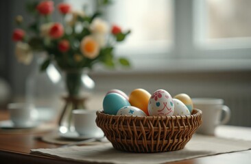 Wicker basket with colorful Easter eggs on wooden table with bouquet of flowers in vase