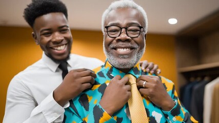 A young Black son helping his senior father try on a colorful shirt. Happy men smiling together in a fashion boutique. Intergenerational family bonding - Powered by Adobe