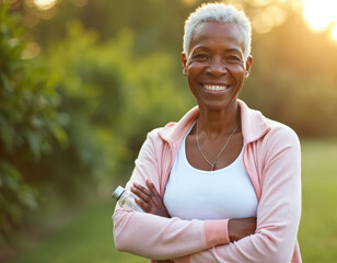 Happy senior black woman smiles outdoors. Elderly female holds water bottle after fitness training workout. Portrait of smiling woman in park wearing sport clothing enjoying healthy lifestyle.