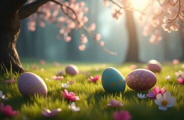 Easter eggs, bunny and spring flowers on meadow. Easter concept