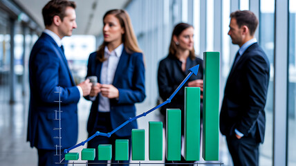 Business team in modern office with rising bar and line graph symbolizing teamwork, financial growth, collaboration and corporate success