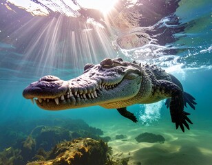 A crocodile swimming gracefully underwater in clear blue river