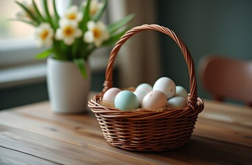 Wicker basket with colorful Easter eggs on wooden table with bouquet of flowers in vase