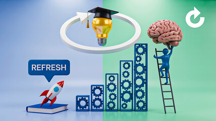 Conceptual illustration of learning and brain development with rocket, book, lightbulb and ladder symbolizing education, growth and knowledge
