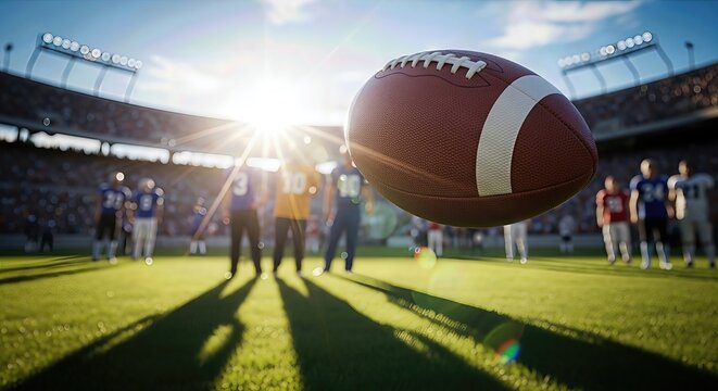 American football soaring above green stadium grass, sun flares brightly, casting long player shadows during an intense outdoor competition on a vibrant field, dynamic game energy. - Powered by Adobe