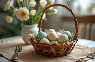 Wicker basket with colorful Easter eggs on wooden table with bouquet of flowers in vase