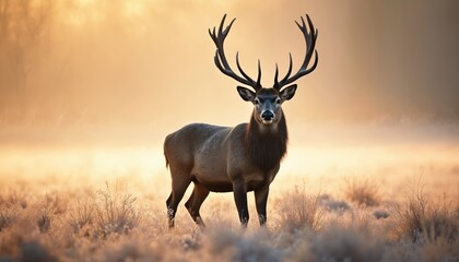 Obraz premium Large red deer stag stands in winter meadow. Majestic male deer with antlers looks directly at camera against foggy golden sunrise background. Brown fur and frosty grass create serene atmosphere.