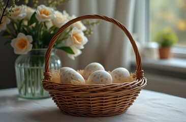 Wicker basket with colorful Easter eggs on wooden table with bouquet of flowers in vase