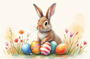 Happy Easter concept with colorful eggs and bunny among flowers in spring time