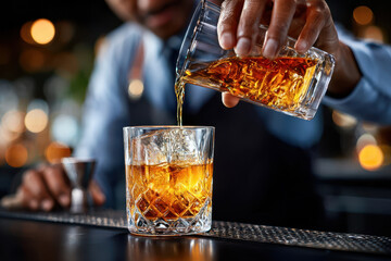 Bartender pours whiskey into a crystal glass at a bar during evening hours